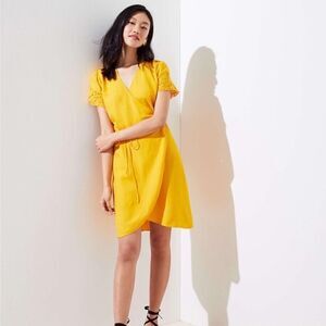 LOFT DRESS Yellow Eyelet Wrap Dress Size S